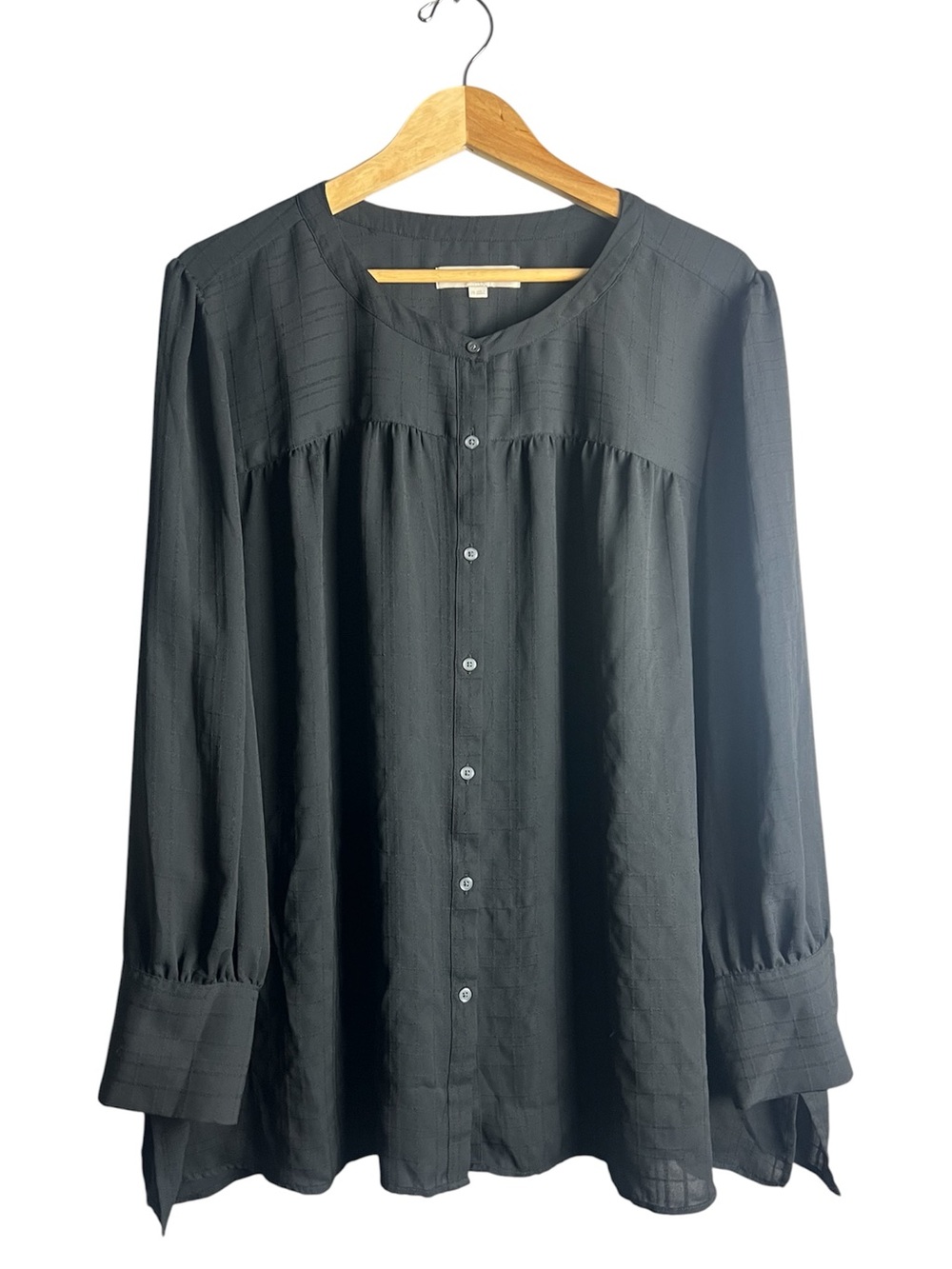 LOFT Black Grid Textured Blouse Button Down Babydoll Tunic Shirt Size 26